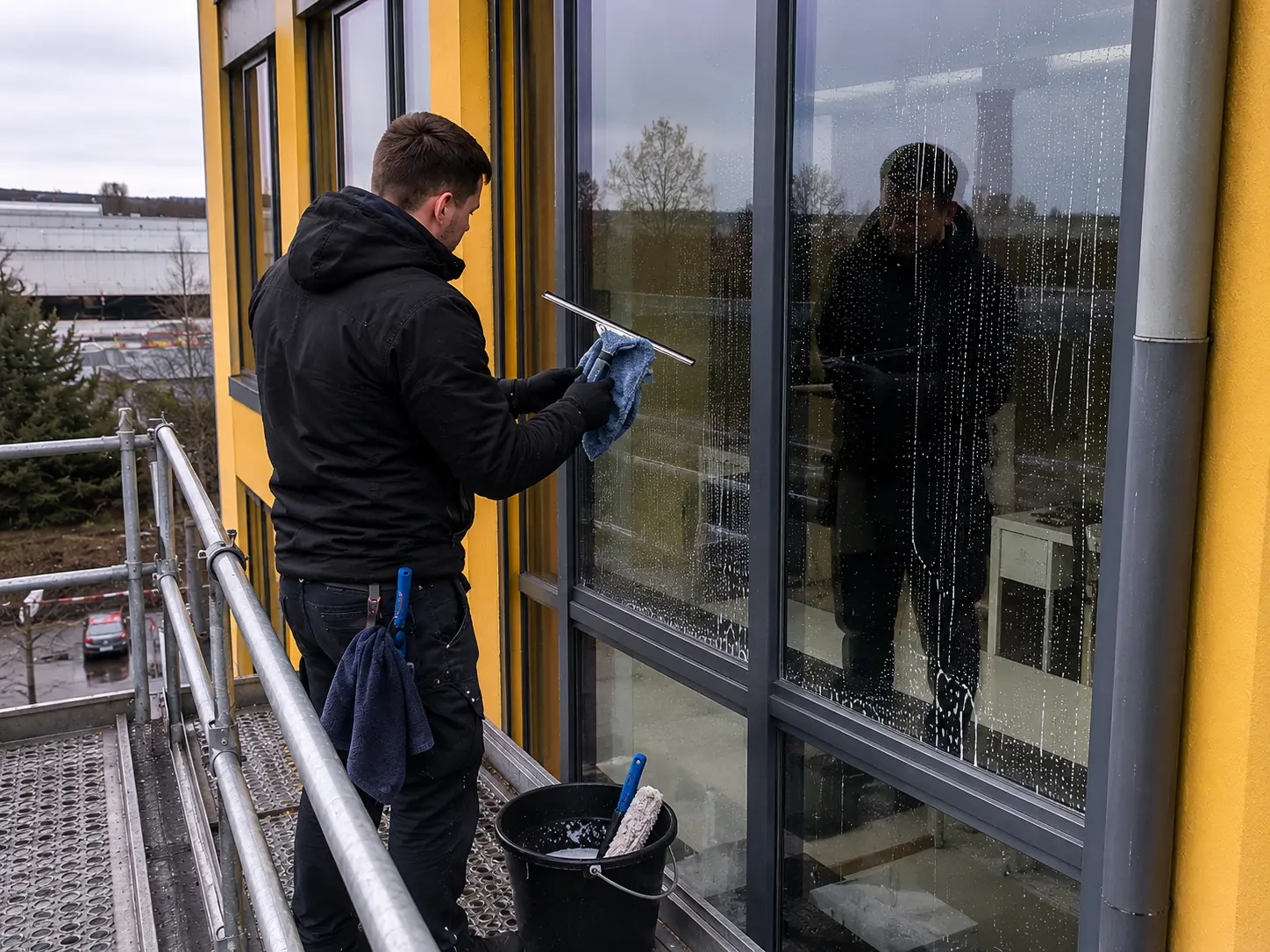 Glasreinigung einer großen Bürofensterfront vom Gerüst in Leipzig