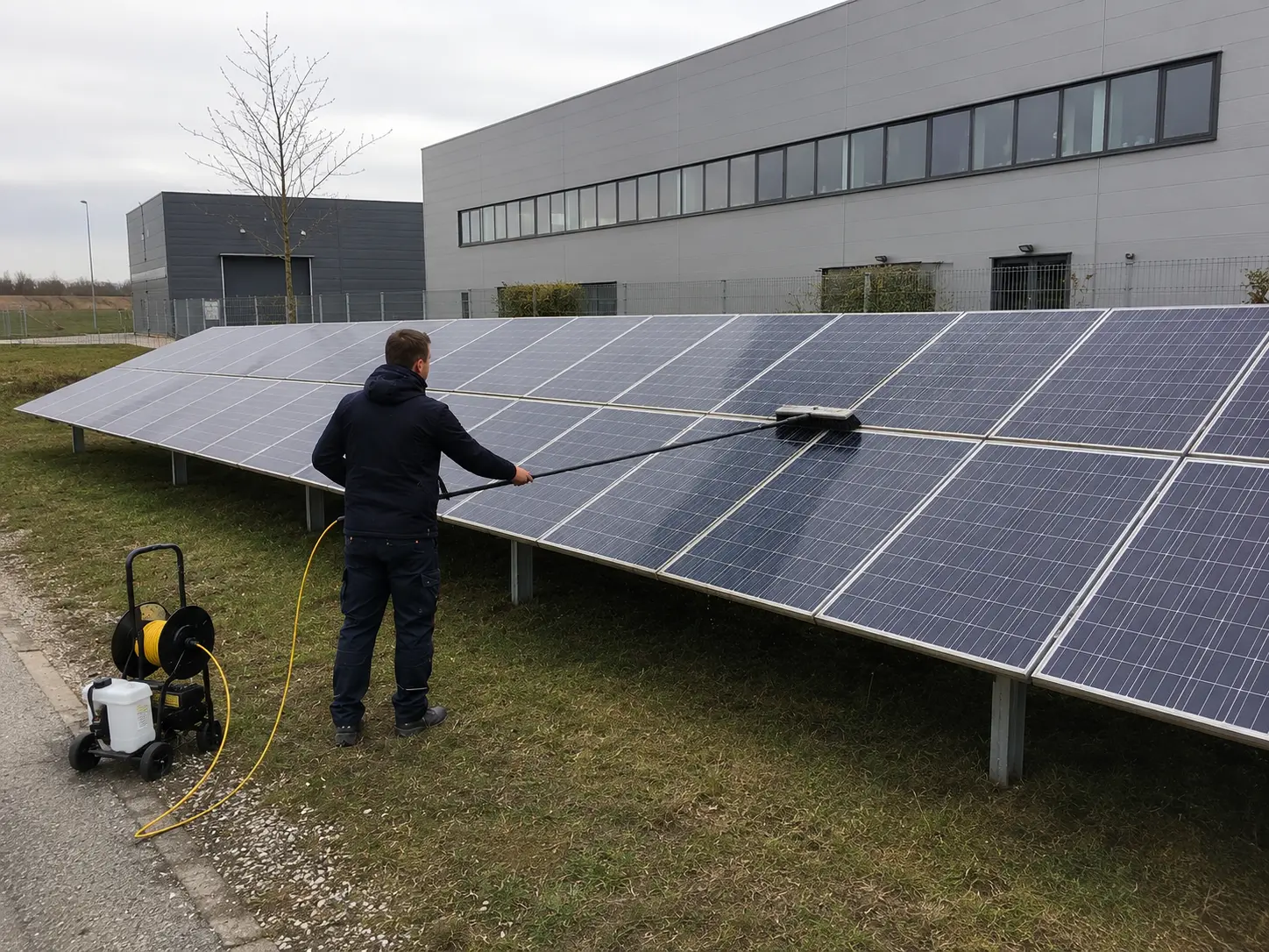 Reinigung einer Photovoltaik-Freiflächenanlage mit Teleskopbürste in Leipzig